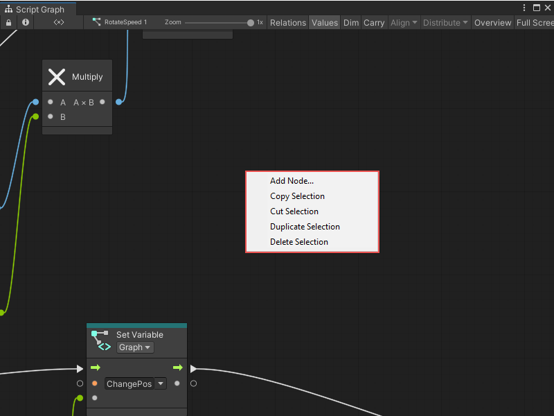 A Graph window, with a Script Graph, displaying the context menu in the Graph Editor